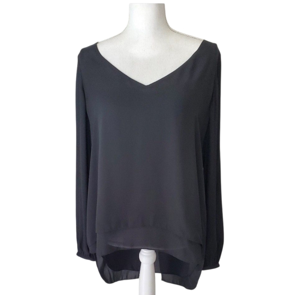 White House Black Market Black Long Sleeve High low Sheer V-Neck Blouse Size 10